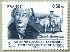 250ème anniversaire de la<br />première école vétérinaire du monde<br />Claude Bourgelat Timbre autoadhésif