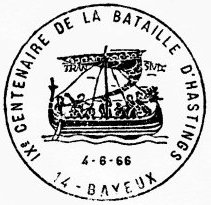 Oblitération 1er jour du 900ème anniversaire de la
bataille d´Hastings, reproduction d´un détail de la tapisserie de Bayeux