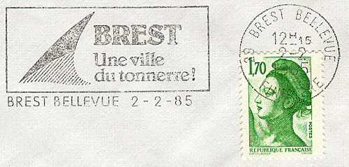 Flamme d´oblitération de Brest Bellevue
«BREST Une ville du Tonnerre !»