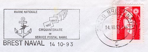 Flamme d´oblitération de Brest-Naval
«MARINE NATIONALE - Cinquantenaire du Service Postal Naval»