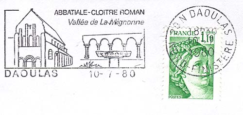 Flamme d´oblitération de Daoulas
«Abbatiale - Cloître roman - Vallée de la Mignonne»