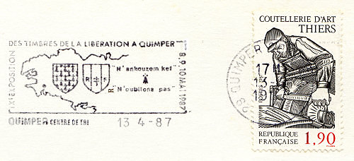 Flamme d´oblitération de QuimperIXème exposition des timbres de la Libération9-10 mai 1987N'ankousom kefN'oublions pas