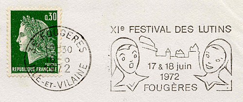 Flamme d´oblitération de Fougères
«XIème festival des lutins - 17 & 18 juin 1972»