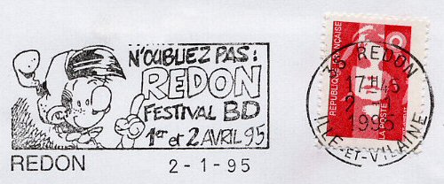 Flamme d´oblitération de Redon
«N´oubliez pas ! REDON FESTIVAL BD 1er et 2 avril 95  »