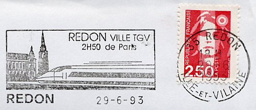 Flamme d´oblitération de Redon
«Redon, ville TGV 2H50 de Paris  »