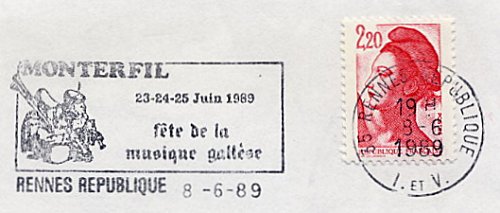 Flamme d´oblitération de Rennes République
«Monterfil 23-24-25 juin 1989 fête de la musique gallèse»
(musique du pays Gallo)