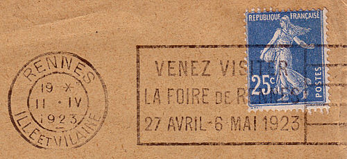 Flamme d´oblitération de Rennes
«Venez visiter la Foire de Rennes
27 avril - 6 mai 1923»