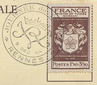 Timbre à date 1er jour de la journée du timbre 1944
Premier timbre émis spécialement à l´occasion de la journée annuelle du timbre organisée par la FFAP (Fédération Française des Associations Philatéliques).