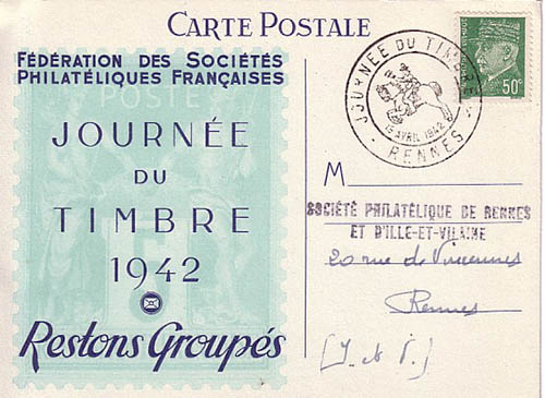 Timbre à date deRennes


 Bureau temporaire de la journée du timbre 1942 - Fédération des Sociétés Philatéliques Françaises
 «Restons groupés»
 
