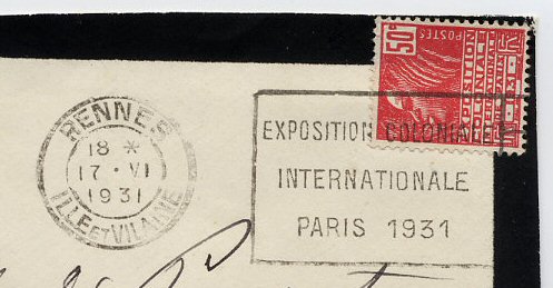 Flamme d´oblitération de Rennes
«Exposition Internationale PARIS 1931»