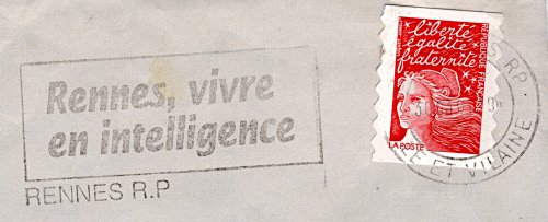 Flamme d´oblitération de Rennes R.P.
«Rennes, vivre en intelligence»