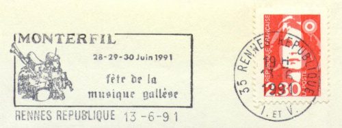Flamme d´oblitération de Rennes République
«Monterfil 28-29-30 juin 1991 fête de la musique gallèse» 
(musique du pays Gallo)  