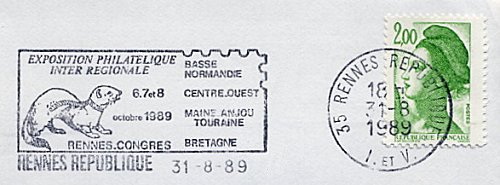Flamme d´oblitération de Rennes République
«Exposition philatélique inter régionale
Basse-Normandie, centre-Ouest, maine-Anjou-Touraine, Bretagne
Rennes Congès 6, 7 et 8 octobre 1989»