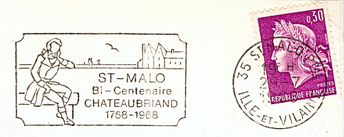 Flamme d´oblitération de Saint Malo
Bi centenaire de la naissance de Chateaubriand
