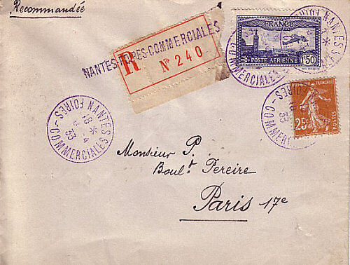 Lettre recommandée avec Timbre à date temporaire de la foire commerciale de Nantes