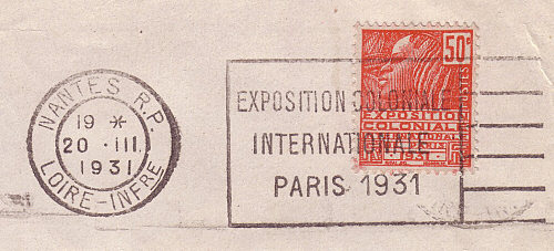 Flamme d´oblitération de Nantes R.P.
«Exposition Coloniale Internationale de PARIS 1931»

Il y a concordance entre le timbre et la flamlme d'oblitération