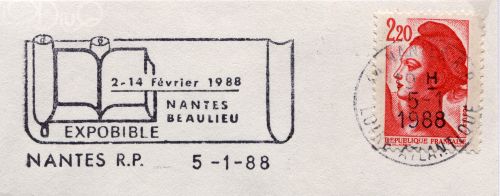 Flamme d´oblitération de Nantes RP
«Nantes Beaulieu Expobible 2-14 février 1988»