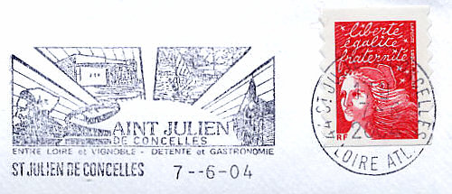 Flamme d´oblitération de Saint  Julien de Concelles
«Entre Loire et vignobles -détente et gastronomie»