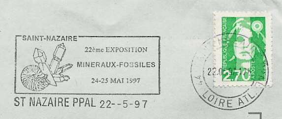 Flamme d´oblitération de Saint Nazaire
«Minéraux fossiles 22ème bourse exposition 24 et 25 mai 1997»
Courrier en Port Payé 
