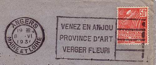 Flamme d´oblitération d'Angers
«Venez en Anjou -Province d'Art - Verger fleuri»
