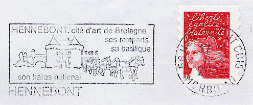Flamme d´oblitération d'Hennebont
«Cité d'art de Bretagne, ses remparts, sa basilique, son haras national»
