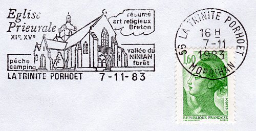 Flamme d´oblitération de La Trinité Porhoët
«Eglise prieurale XIe- XVe - Résumé art religieux breton - Vallée du Ninian - Forêt»