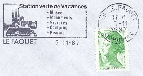 Flamme d´oblitération du Faouët
«Station verte de vacances * Musée * Monuments * Rivières * Camping * Piscine»