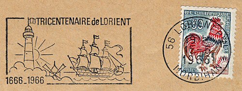 Flamme d´oblitération de Lorient
«Tricenteanaire de Lorient 1666-1966»