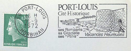 Flamme d´oblitération de Port-Louis
Cité historique, ses remparts, sa citadelle,
ses «pâtis» 
Vacances heureuses