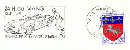 Flamme d´oblitération du Mans
«24 H. du Mans - 10-11 juin
Grand Prix de l´ACF, 2 juillet 1967» 