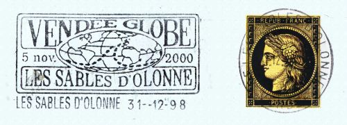 Flamme d´oblitération des Sables d´Olonne- Le Vendée Globe 2000
Flamme sur prêt à poster spécial réservé aux voeux  1999 de La Poste