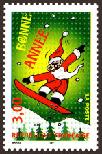 Image du timbre Bonne année - Père Noël surfant sur fond vert