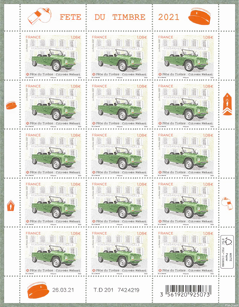 Le timbre fait son cinéma -  La feuille de 15 timbres de la Méhari