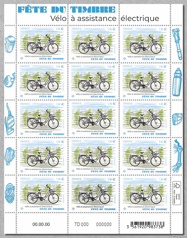 Feuillet de 15 timbres du vélo à assistance électrique