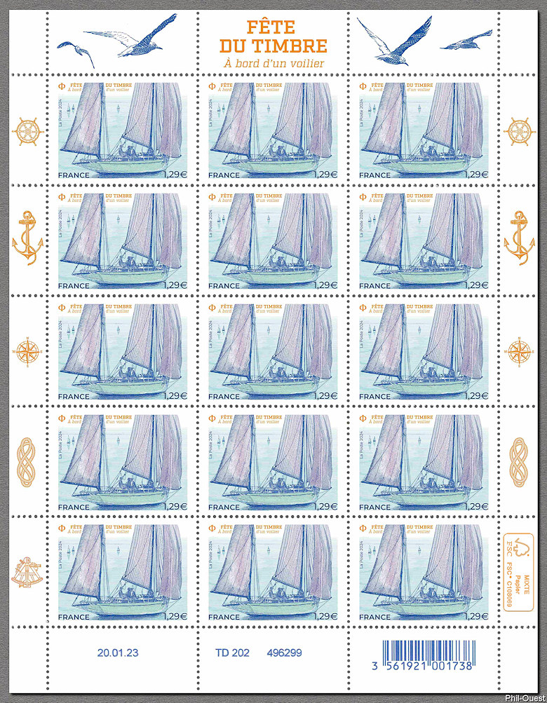 Image du timbre À bord d'un voilier - Feuille de 15 timbres