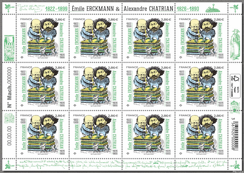 Le feuillet de 12 timbres d´Émile Erckmann  1822-1899  et Alexandre Chatrian 1826-1890