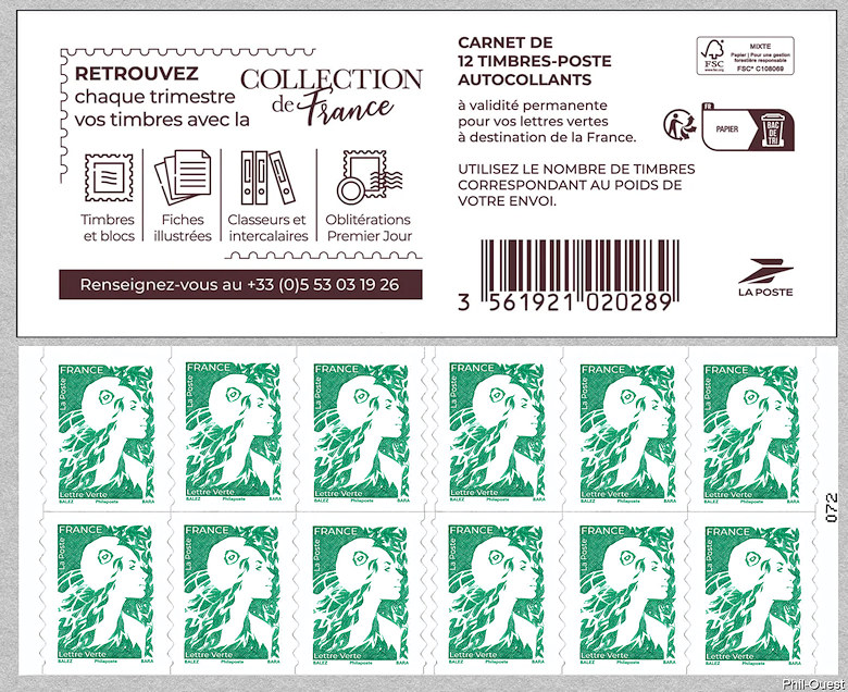 Carnet de 12 timbres autoadhésifs pour lettres vertes de 20 g  <br />  Collection de France