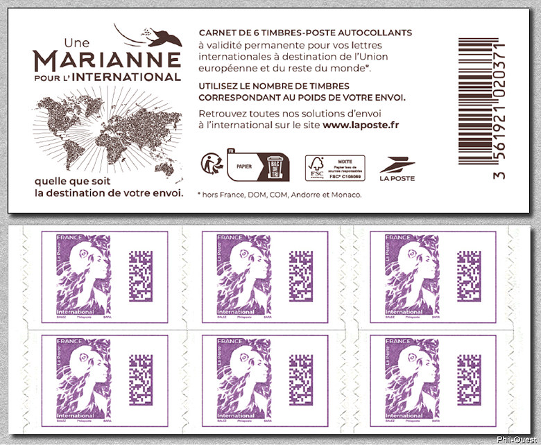 Image du timbre Carnet de 6 timbres autoadhésifs pour lettre prioritaire  pour le monde jusqu'à 20g