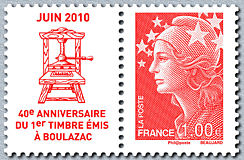 Image du timbre Marianne de Beaujard et vignette Juin 201040ème anniversaire du 1er timbre émis à BoulazacTaille-douce