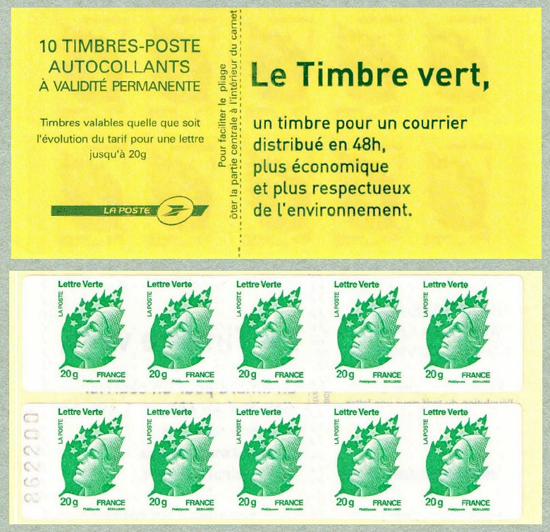 Carnet de 10 timbres verts  autoadhésifs pour distributeur SAGEM