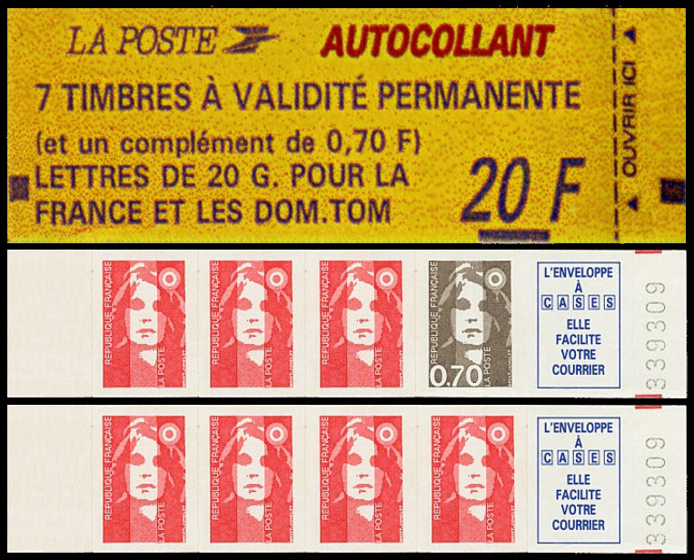 Marianne de Briat <BR>Carnet de 8 timbres autoadhésifs, valeur totale 20F «L´enveloppe à case, elle facilite votre courrier»