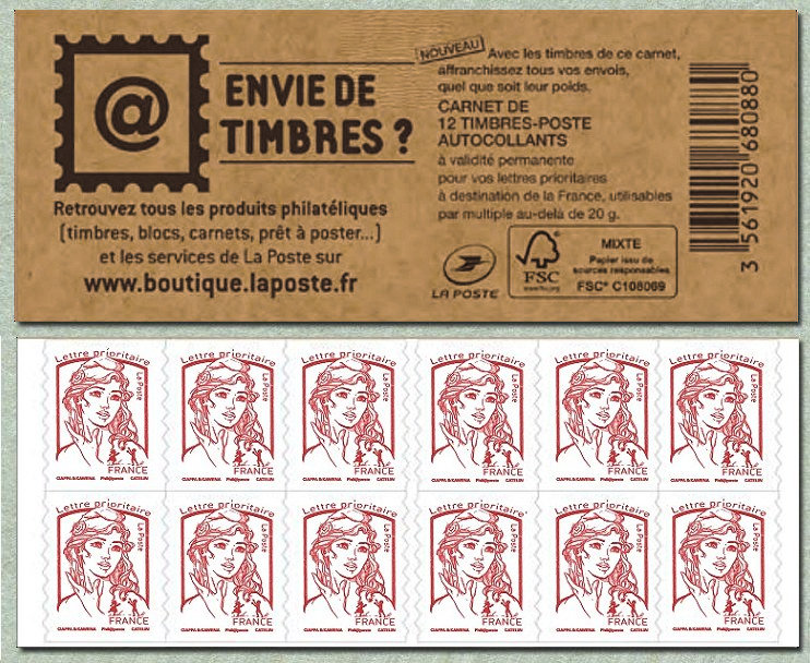 Carnet de 12 timbres pour lettre prioritaire de la Marianne de Ciappa et Kawena <br />« Envie de timbres € Retrouvez tous les produits philatéliques sur www.boutique.laposte.fr