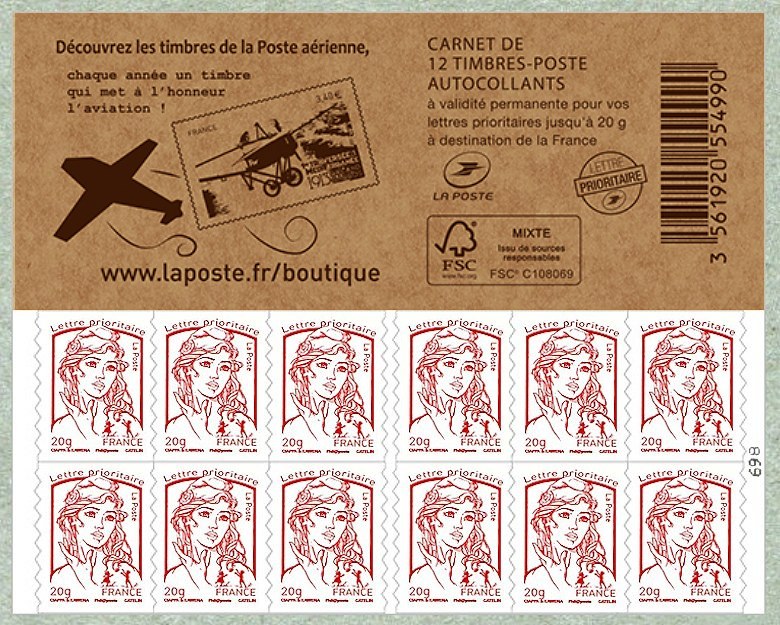 Image du timbre Carnet de 12 timbres pour lettre prioritaire de la Marianne de Ciappa et Kawena - La Poste Aérienne