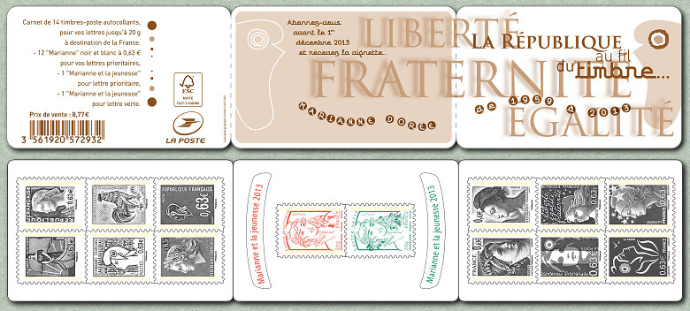 Image du timbre Bande-carnet  « La République au fil du timbre de 1959 à 2013»-Bande-carnet  de timbres en taille-douce autoadhésifs.
