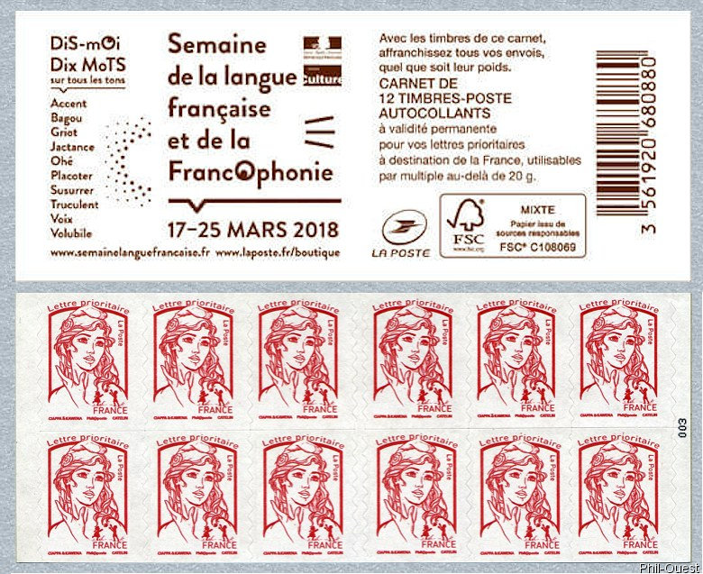 Carnet de 12 timbres pour lettre prioritaire de la Marianne de Ciappa et Kawena <br />« Semaine de la Langue Française et de  la Francophonie ». Du 17 au 25 mars 2018