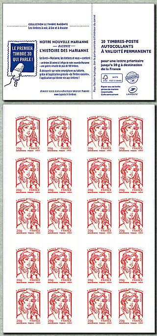 Image du timbre Carnet de 20 timbres pour lettre prioritaire de la Marianne de Ciappa et Kawena