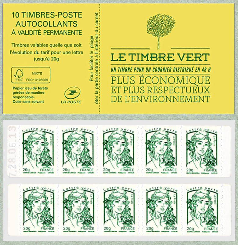 Image du timbre Carnet pour DAB Sagem de 10 timbres pour lettre verte de la Marianne de Ciappa et Kawena
