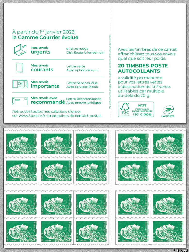 Image du timbre Carnet de distributeur de 20 timbres autoadhésifs pour lettre verte