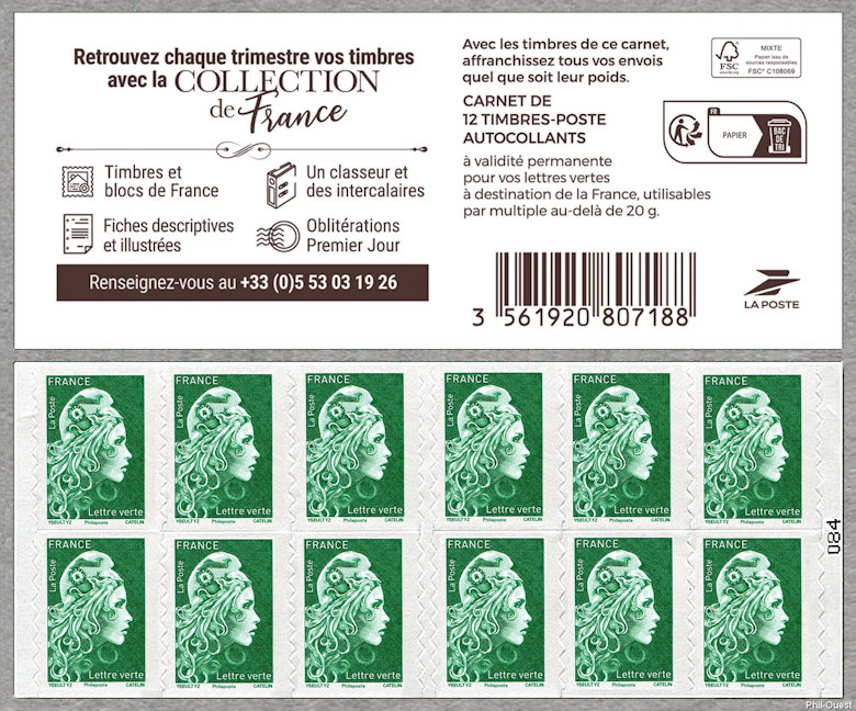 Marianne d´Yseult Digan
<br />Carnet de 12 timbres autoadhésifs pour lettre verte jusqu´à 20g
<br />
Retrouvez chaque trimestre vos timbres avec la COLLECTION de France