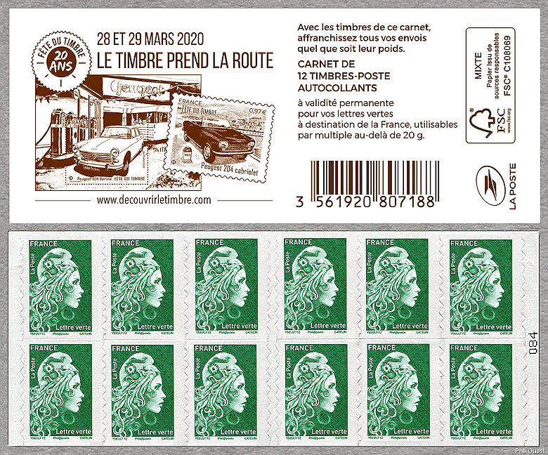 Marianne d´Yseult Digan<br /> Carnet de 12 timbres autoadhésifs pour lettre verte jusqu´à 20g  - Fête du timbre<br /><i>28 et 29 mars 2020 le timbre prend la route</i>
